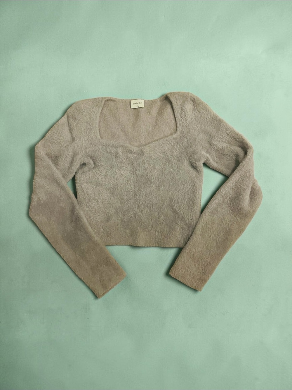 Sunday Best Aritzia Elsie Fuzzy Knit Sweetheart Sweater Taupe Size S